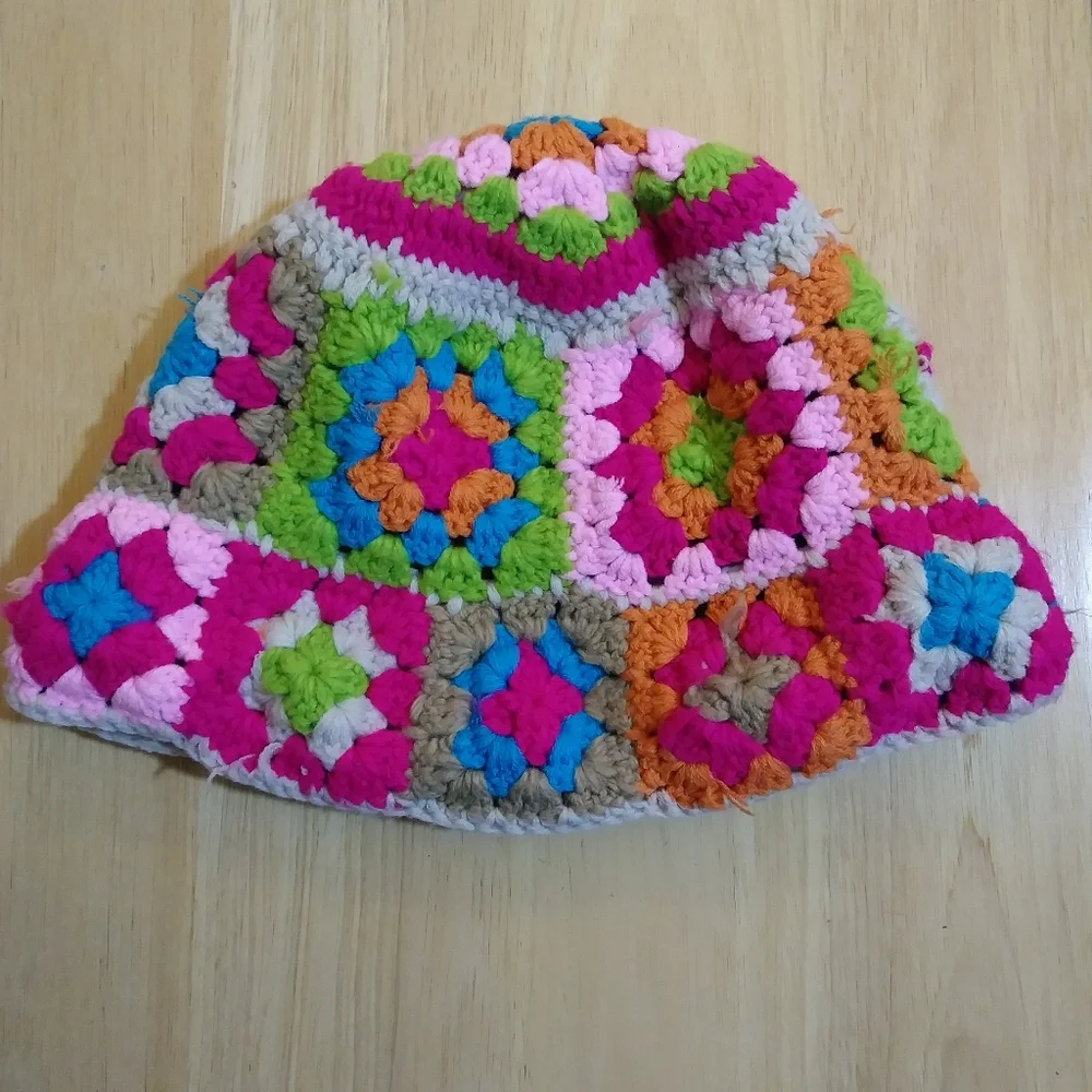 Granny Square Colorful Crochet Bucket Hat Handmade